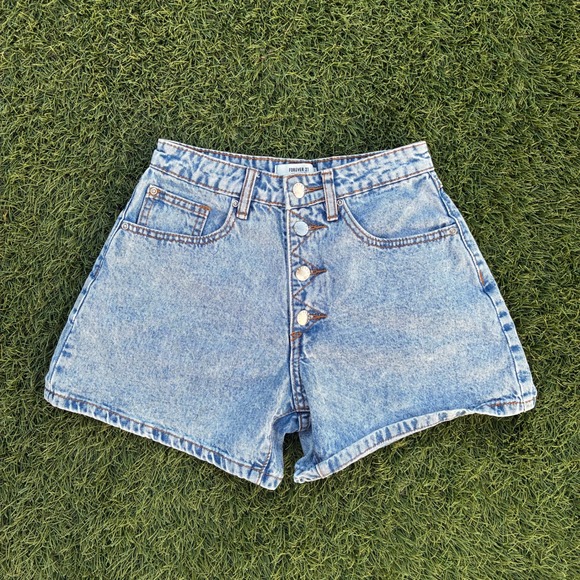 Forever 21 Pants - Forever 21 Womens Size 24x4 High Waisted Button Fly Denim Shorts Blue Acid Wash